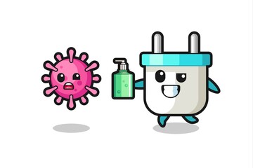 illustration of electric plug character chasing evil virus with hand sanitizer