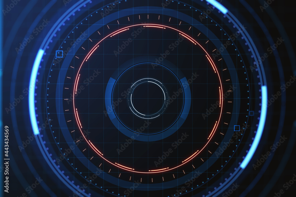 Poster Abstract digital round interface on blue background. Innovation and technology concept. 3D Rendering.