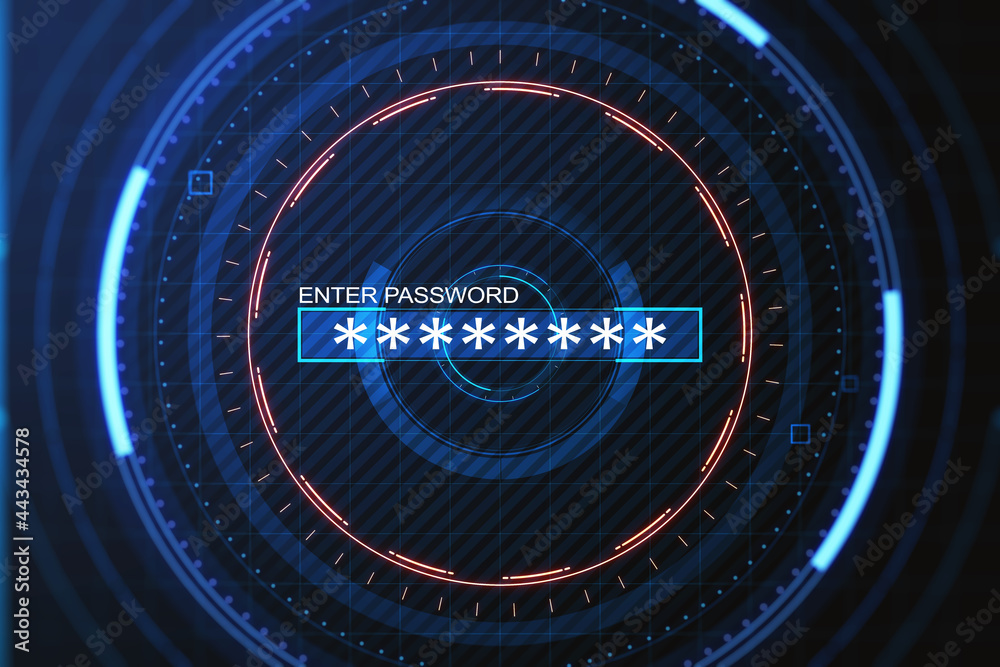 Aufkleber Abstract digital round interface with password enter on blue background. Verification and technology concept. 3D Rendering.
