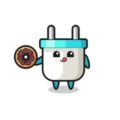 illustration of an electric plug character eating a doughnut
