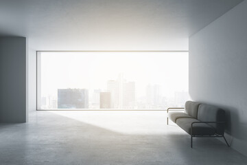 Side view of modern concrete office waiting area with window and city view, comfortable couch. 3D Rendering.