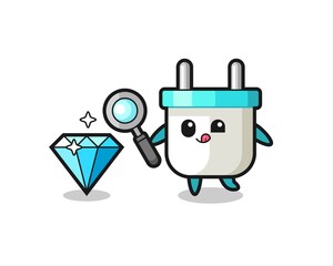 electric plug mascot is checking the authenticity of a diamond