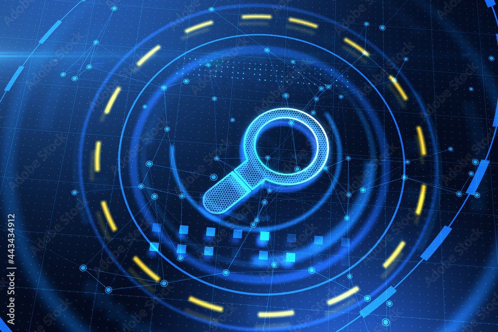 Poster glowing magnifier icon on blue background. seo search engine optimization concept. 3d rendering.