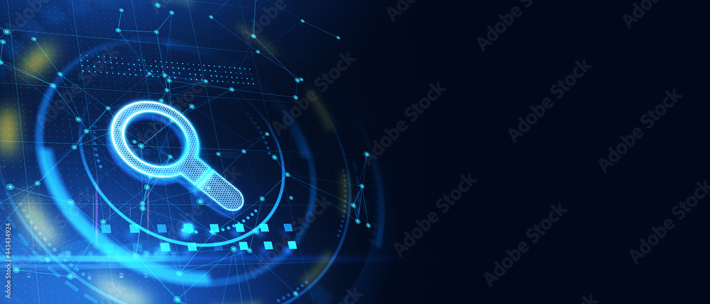 Poster Glowing magnifier icon on blue background with mock up place. SEO search engine optimization concept. 3D Rendering.