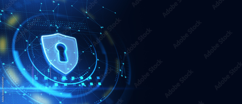 Aufkleber glowing antivirus shield icon on blue web page background with mock up layout. safety and protection