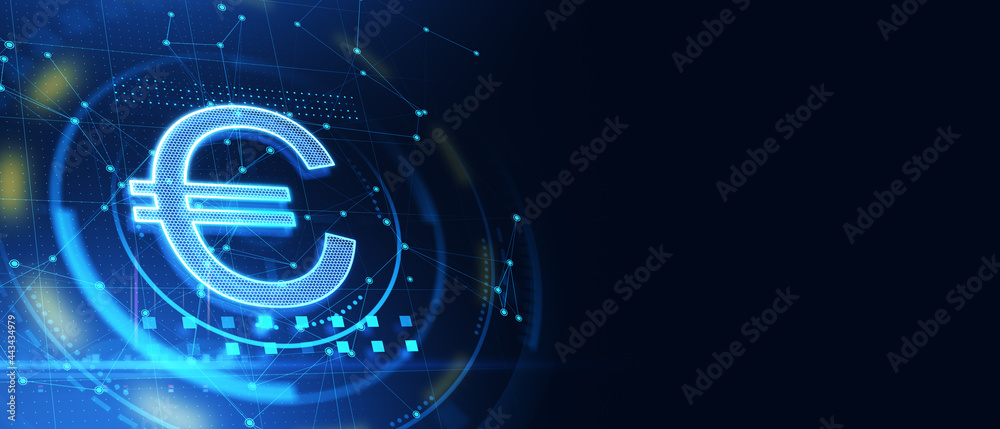 Poster glowing euro icon on blue background with mockup place. mobile banking and market concept. 3d render