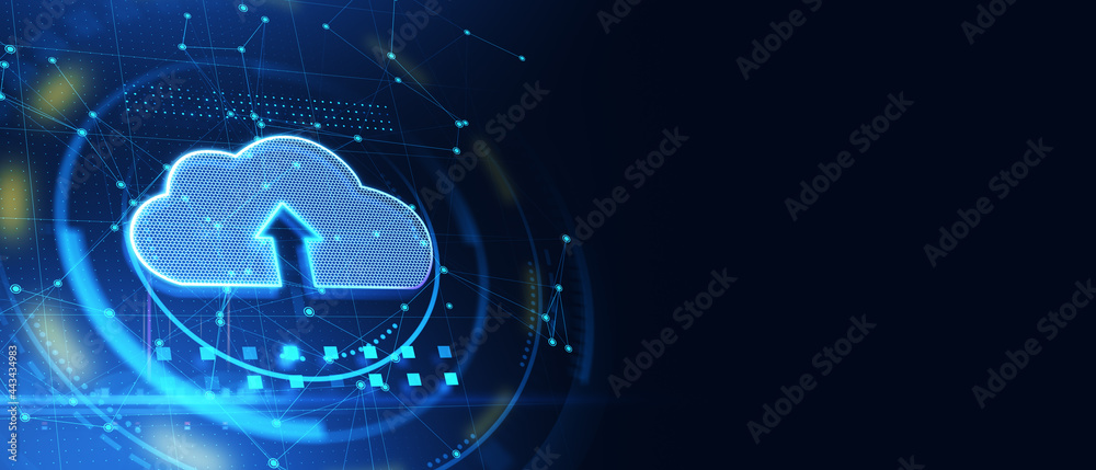 Poster Creative cloud icon on blue background with mockup place. Cloud computing and database concept. 3D Rendering.