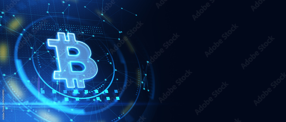 Poster Abstract bitcoin interface in blue background with mockup place. Cryptocurrency and finance concept. 3D Rendering.