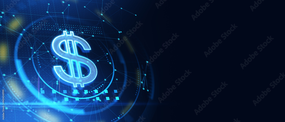 Poster Abstract dollar icon on blue background with mockup place. Mobile banking and market concept. 3D Rendering.