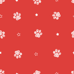 White doodle paw print red background seamless fabric design pattern