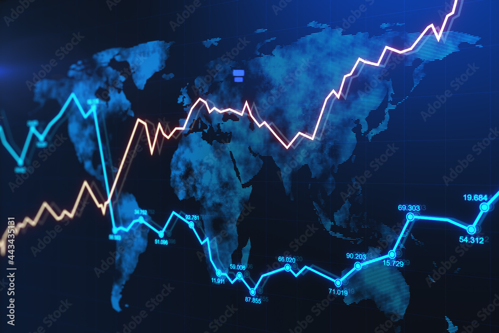 Poster glowing forex graphic on dark background with map. trade and market concept. 3d rendering.