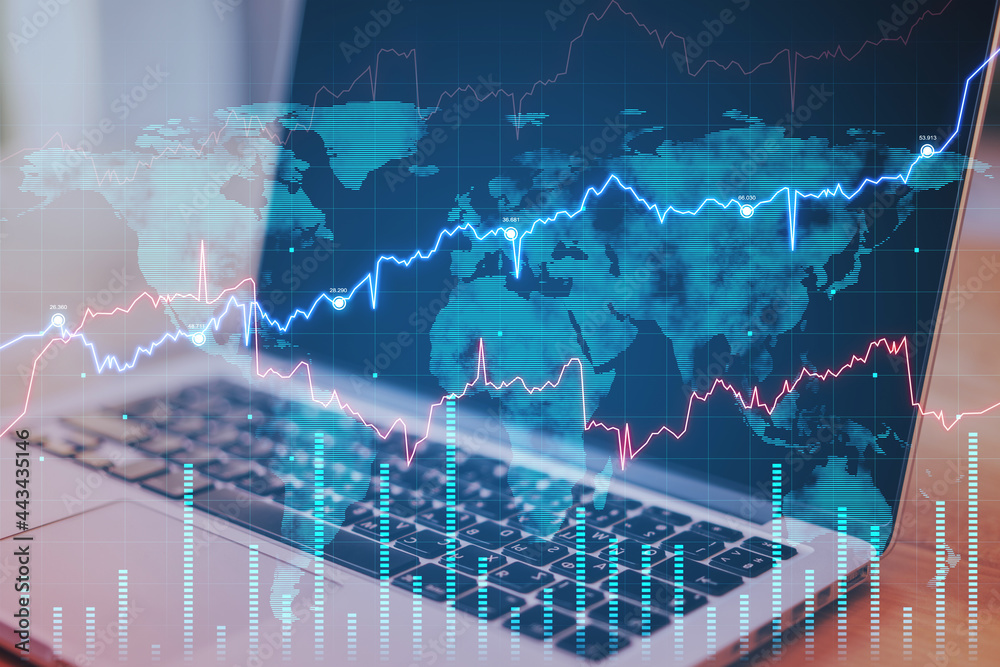 Poster Close up of notebook on desktop with abstract forex chart and map. Fintech, trade and data exchange concept. Double exposure.