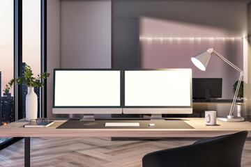 Two empty white computer screens on office table in interior with night city view. Corporate template. Mock up, 3D Rendering.