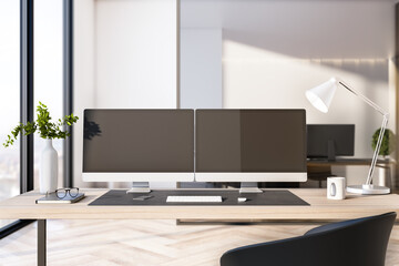 Two empty black computer screens on office desktop in interior with daytime city view. Corporate template. Mock up, 3D Rendering.