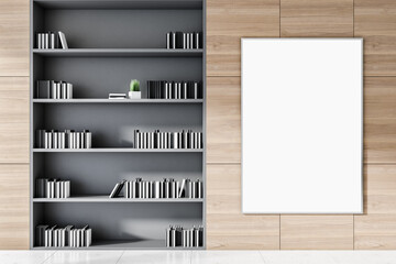Close up of grey wooden office bookshelf with blank white banner on wall. Workplace and items concept. Mock up, 3D Rendering.