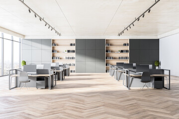 Modern coworking office interior with wooden flooring, concrete walls, windows with panoramic city view and workplace furniture. Corporate workspace concept. 3D Rendering.