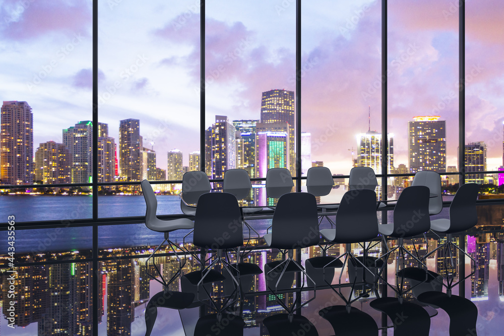 Wall mural modern panoramic window meeting room interior with bright city view, furniture, reflections and mock