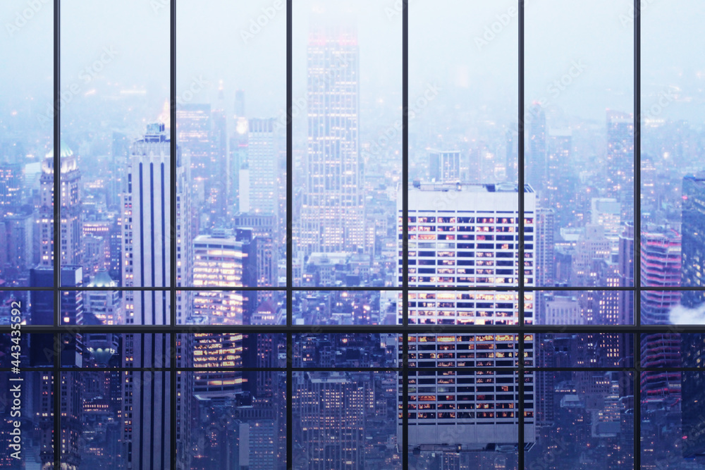 Poster clean panoramic window office interior with bright city view, reflections and mock up place. 3d rend