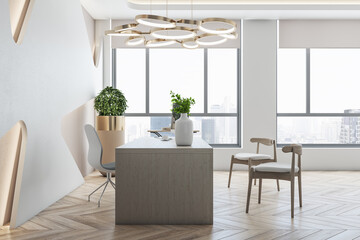 Clean office interior with wooden flooring, desk, equipment and city view. 3D Rendering.