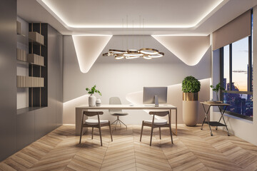 Stylish office interior with wooden flooring, desk, equipment and city view. 3D Rendering.