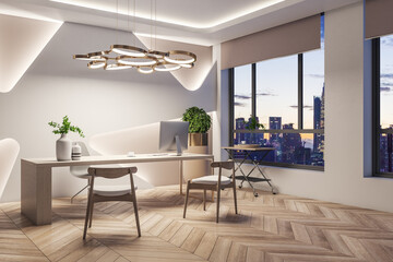 Luxury office interior with wooden flooring, desk, equipment and city view. 3D Rendering.