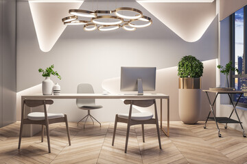 Spacious office interior with wooden flooring, desk, equipment and city view. 3D Rendering.