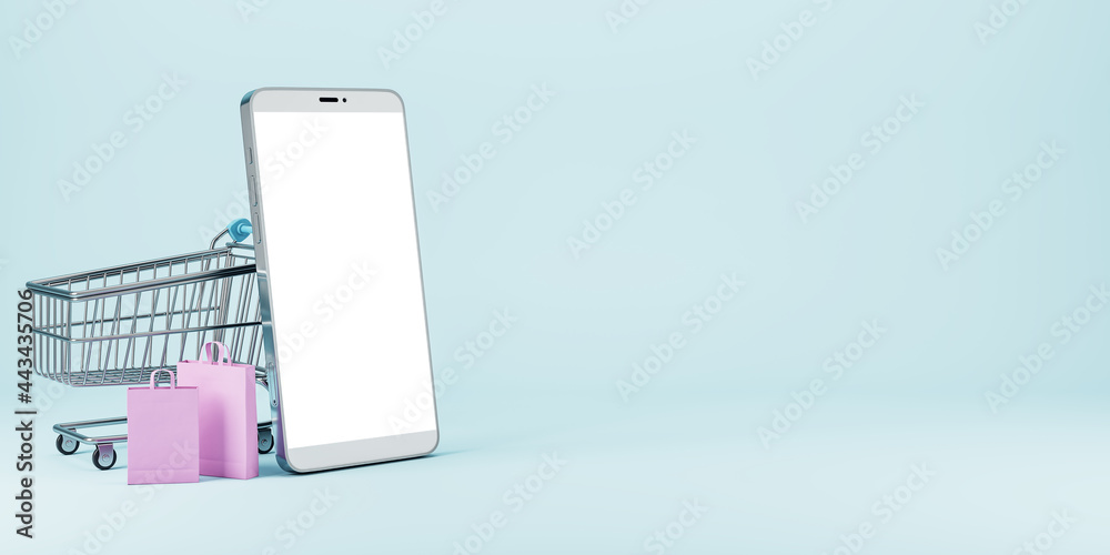 Poster empty white smart phone with cart and bags on light background. online shopping and purchase concept