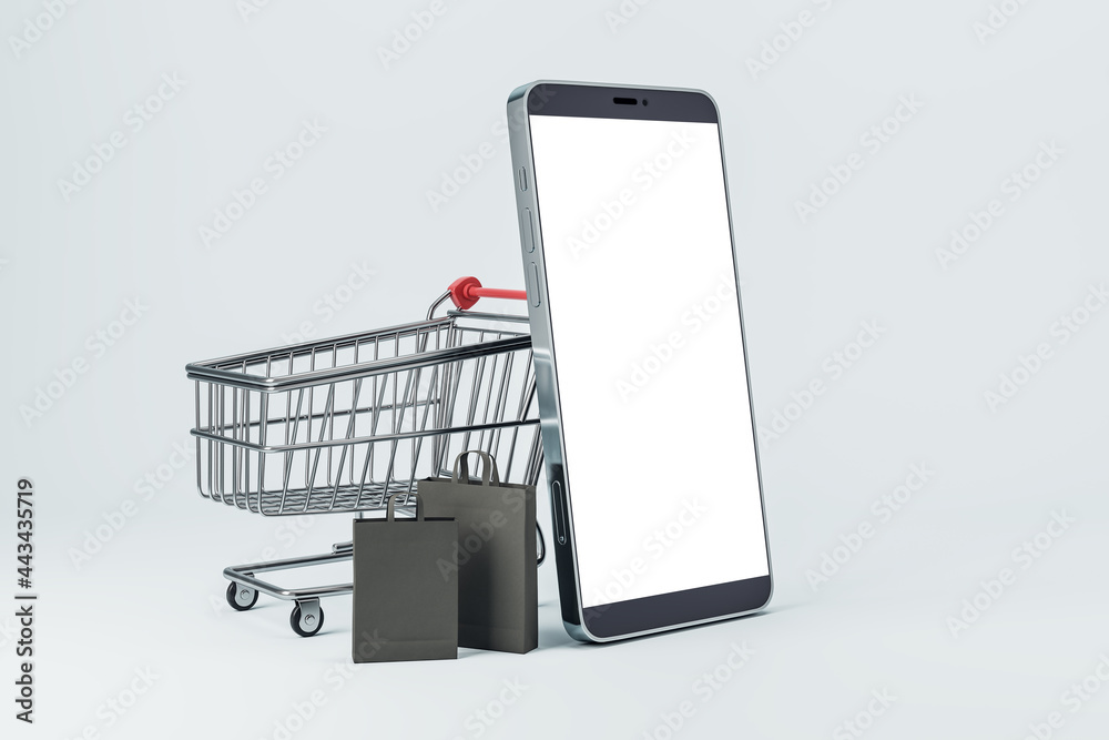 Poster empty white cellphone with cart and bags on light background. online shopping and purchase concept. 