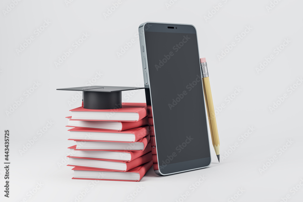 Poster empty black smartphone with book stack and graduation cap on light background. online education and 