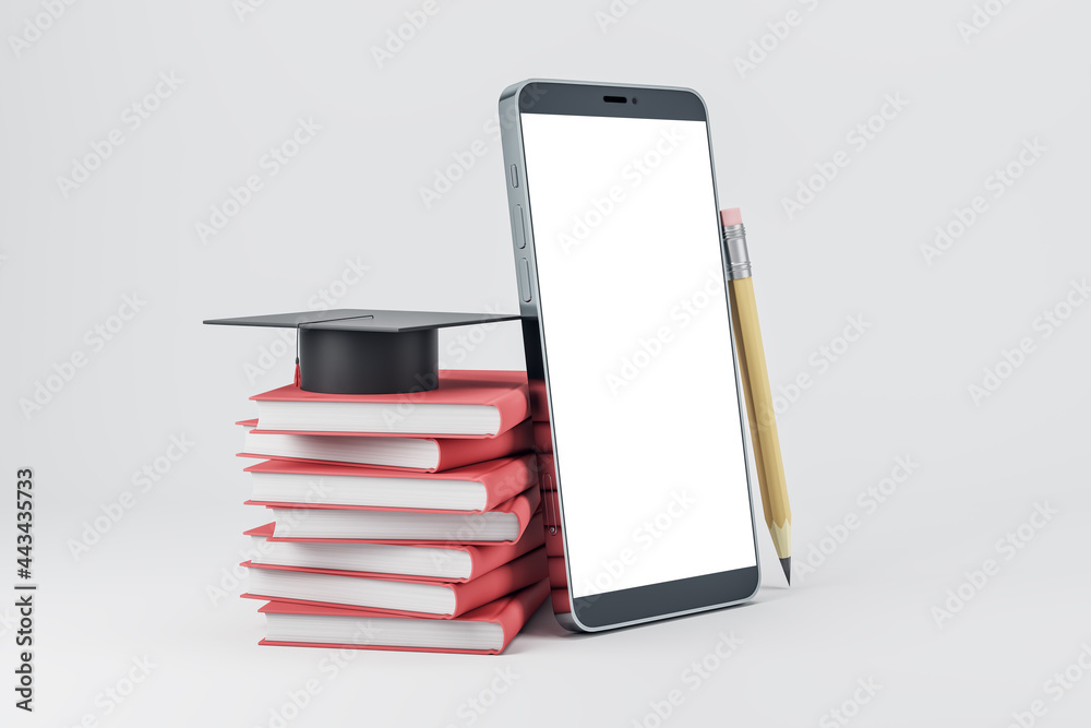 Poster empty white smartphone with book stack and graduation cap on light background. online education and 