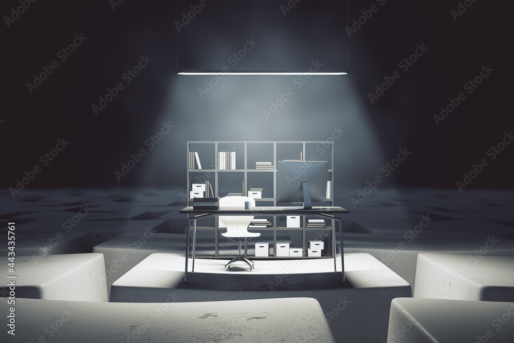 Leinwandbilder Astract desktop with computer workplace on keyboard keys. Digital transformation and remote work concept. 3D Rendering.