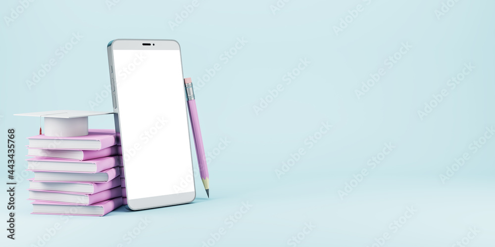 Poster empty white mobile phone with book stack and graduation cap on light background. online education an