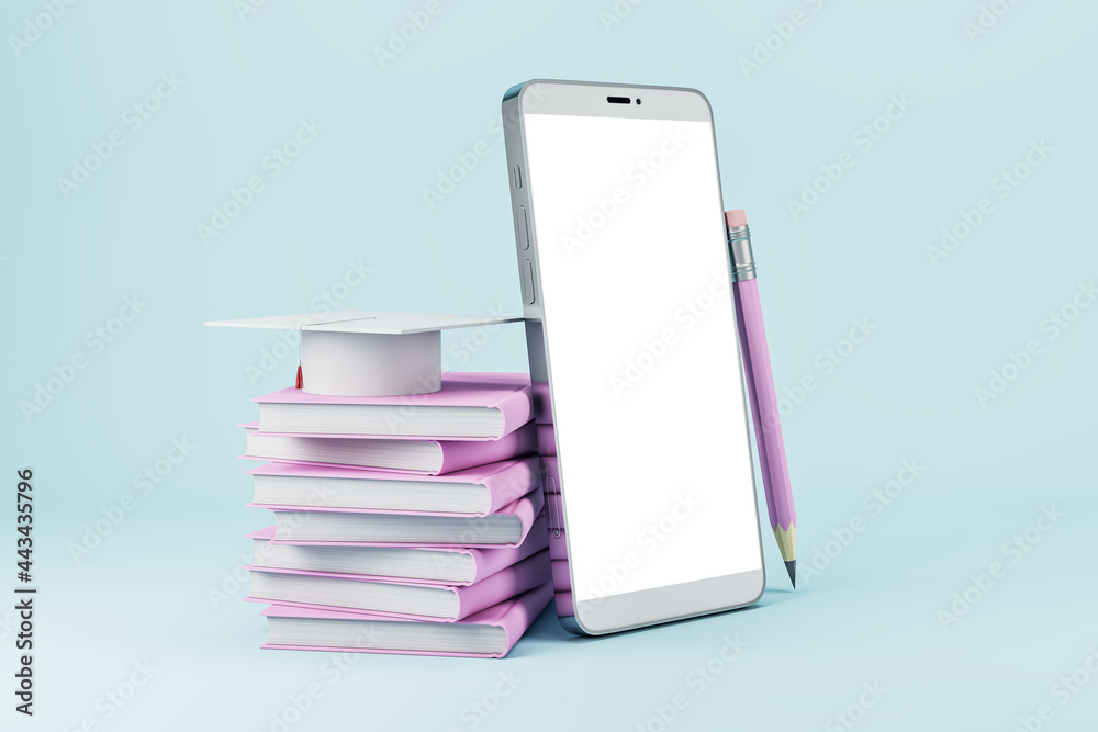 Poster empty white cellphone with book stack and graduation cap on light background. online education and t