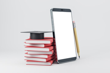 Empty white smartphone with book stack and graduation cap on light background. Online education and training concept. Mock up, 3D Rendering.