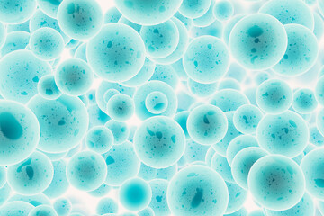 Creative blue and white bubbles background. Screen texture and landing page concept. 3D Rendering.