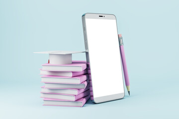 Empty white cellphone with book stack and graduation cap on light background. Online education and training concept. Mock up, 3D Rendering.