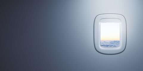 Abstract blank wallpaper with cloudy sky from porthole, flight and travel concept. 3D rendering,...