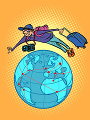 Fototapeta na wymiar a male traveler is flying over the planet Earth, a weekend trip, a vacation