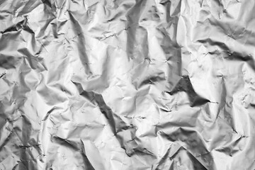 Black and White Shiny Crumpled Foil Texture, Abstract Shapes For Background.
