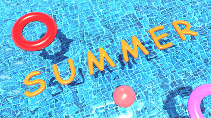 Ballons en forme du mot SUMMER, indiquant l'été. Piscine avec un ballon, deux bouées rondes et des bouées en forme du mot SUMMER. Rendu 3D
