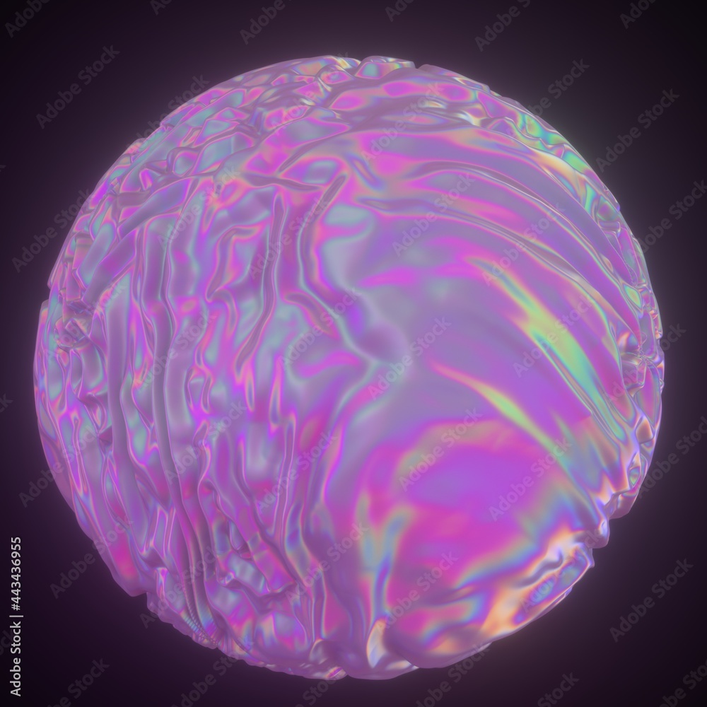 Poster Abstract holographic sphere with rippled and glitched surface. 3D illustration in retrofuturistic synthwave style.