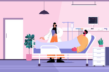 nurse taking care of sick man patient lying in hospital bed care service concept clinic ward interior