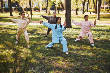Single whip position tai chi training outside