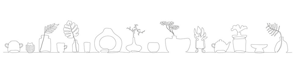 Vector illustration of still-life. Adam's rib leaf, palm tree branch and other floral elements in vases. Modern one line art. Can be use as horizontal banner for web site and social media templates