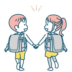 手をつなぐランドセルを背負った小学生の男女イラスト素材