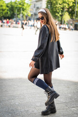 Beautiful country girl in 90s style. Back in time 90s 80s. Stylish girl in retro colourful vintage...
