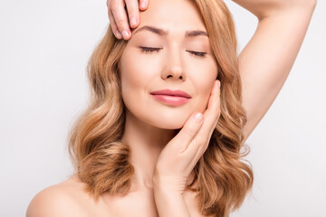 Cropped photo portrait woman enjoying skin care procedures isolated white color background