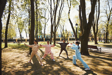 Tai chi group having a class among the trees