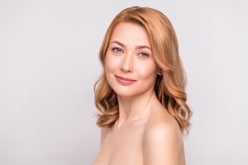 Fototapeta premium Photo portrait woman after shower smiling with nude shoulders isolated white color background copyspace