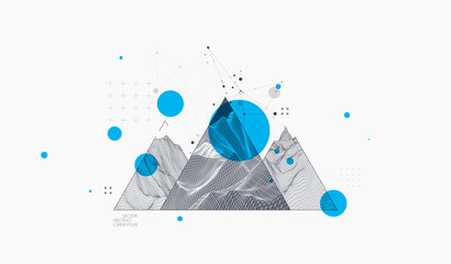 Abstract wireframe surface background inside a triangle. Scientific and technical image of the mountains.